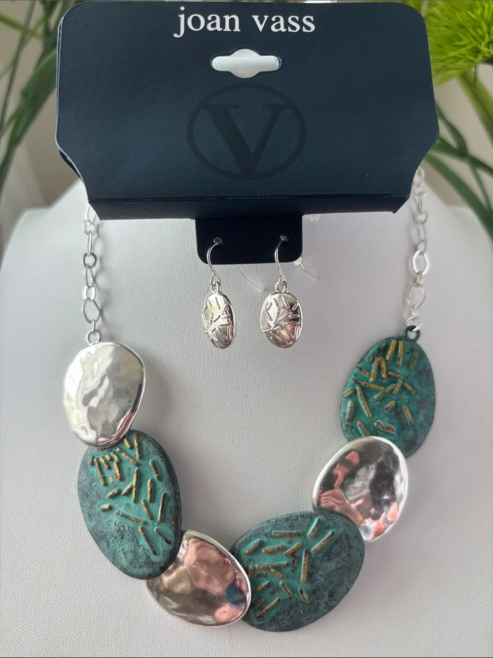 Joan Vass Teal Textured & Hammered Oval shaped pendant,& earrings artisanal